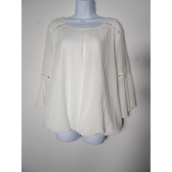 AB Studio Large Tunic Top White Boho Bell Sleeve Eyelet Lined Pleated Hippie Pea - Picture 4 of 11